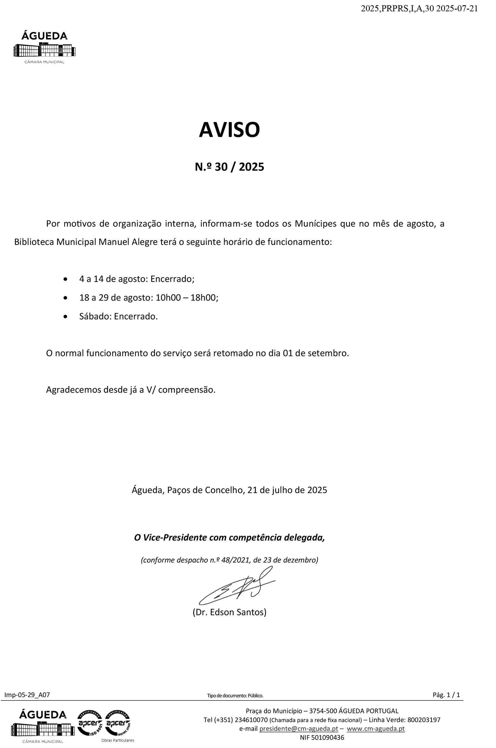 AVISO N.º 30 / 2025